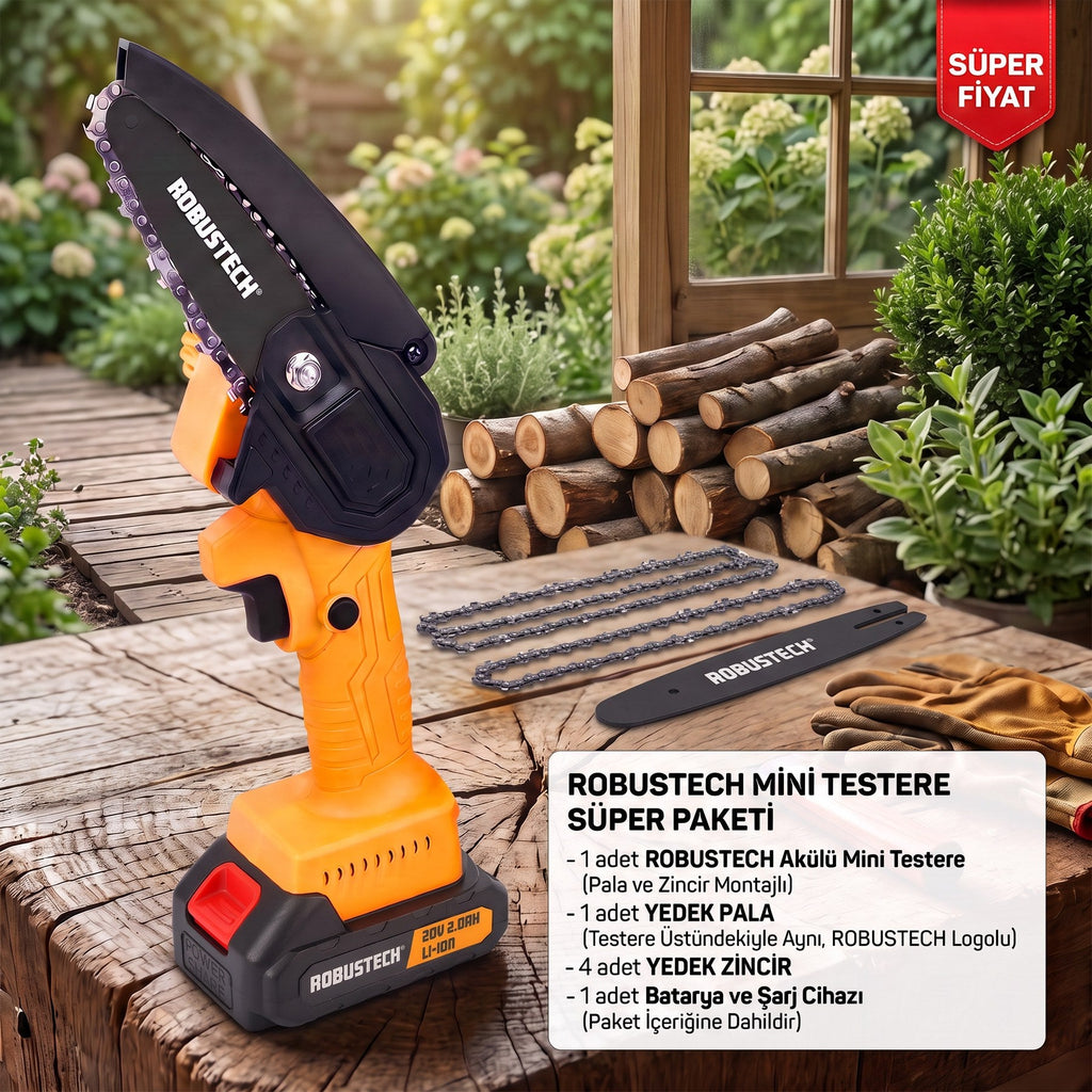 Robustech CS-200 mini testere süper paketi — yedek pala ve 4 zincir