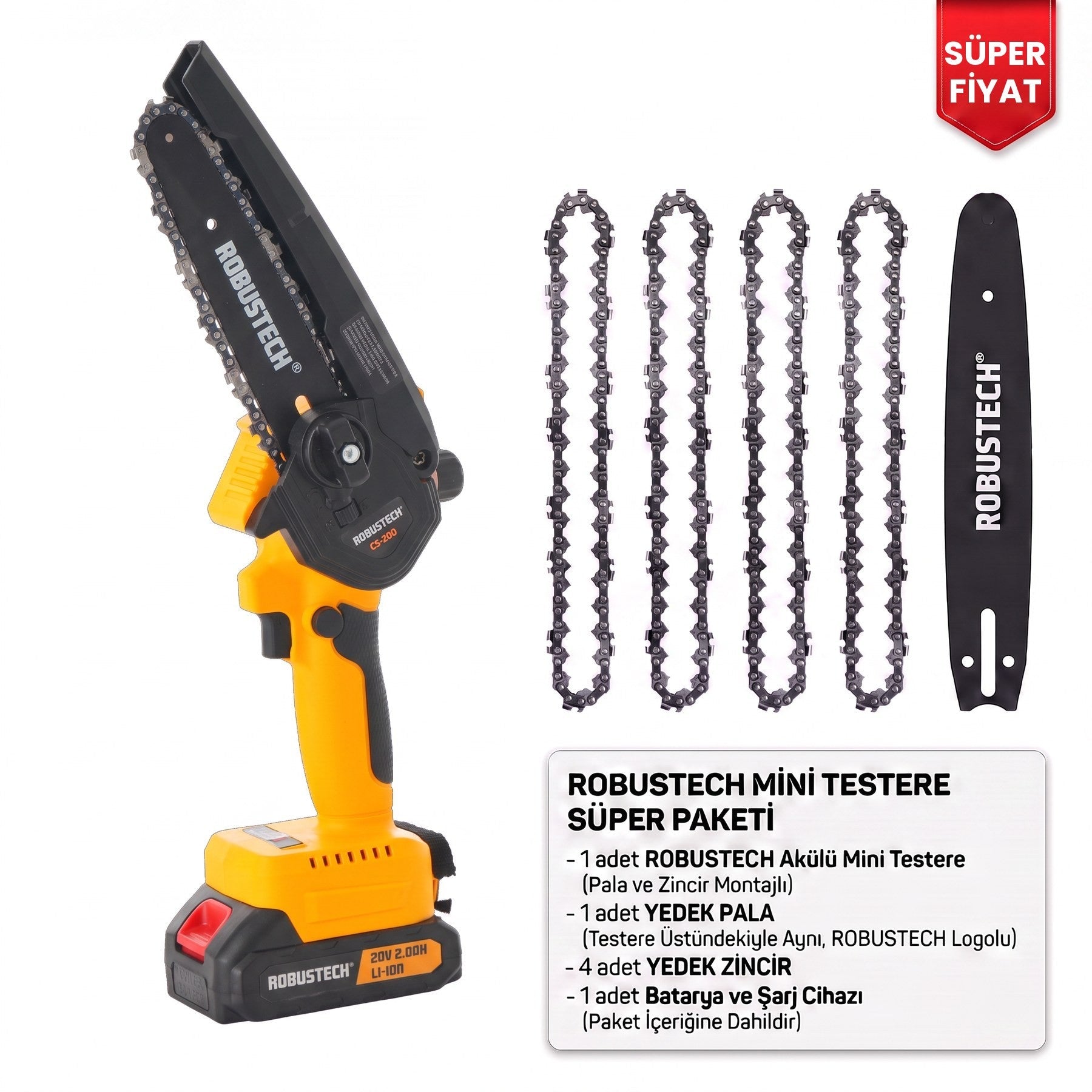 CS-200 süper paket içeriği — testere, yedek pala, 4 yedek zincir