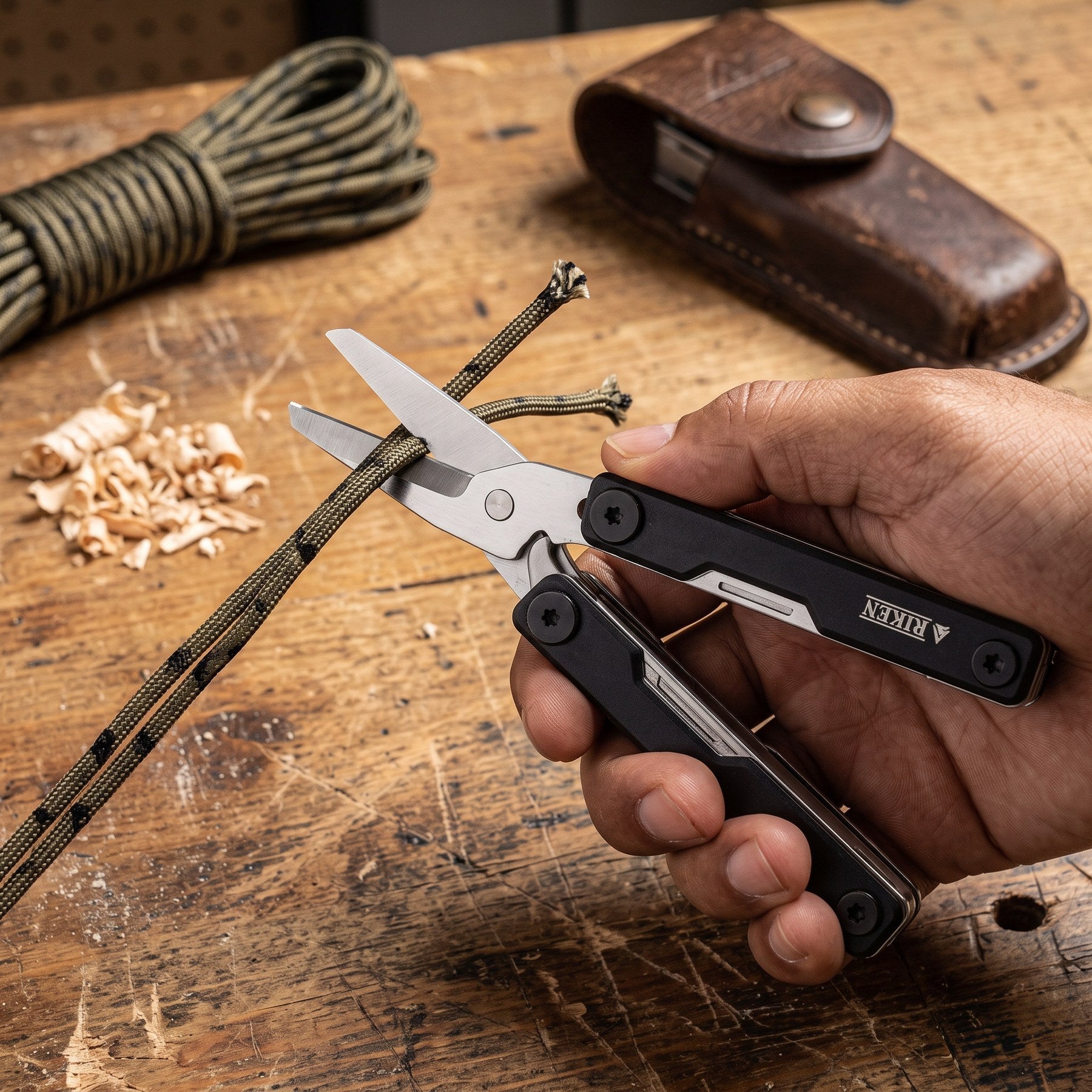 Riken Mate anahtarlık multitool, makas fonksiyonuyla halat keserken