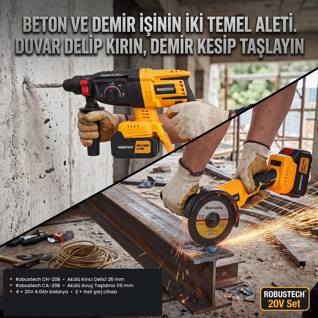 Şantiyeci Seti — kırıcı delici ve avuç taşlama kullanımda