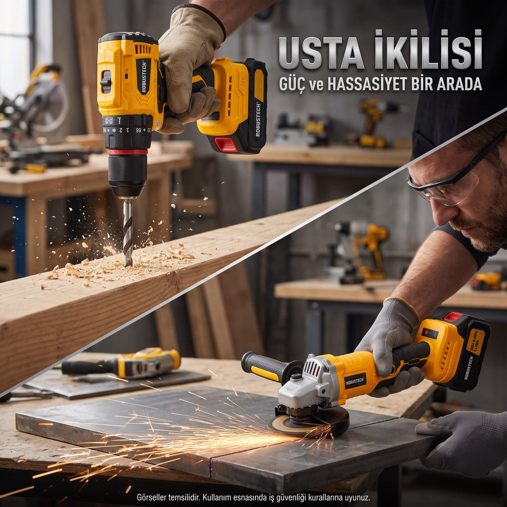 Usta İkilisi — Robustech darbeli matkap ahşap delerken, avuç taşlama metal keserken